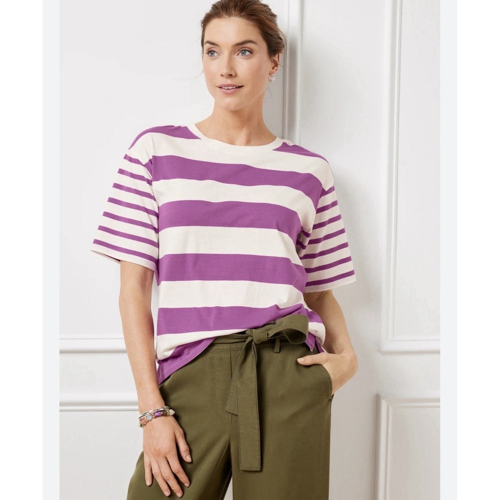Talbots Women's Cropped Oversized Boxy Pink White Striped Short Sleeve Tee Sz M
